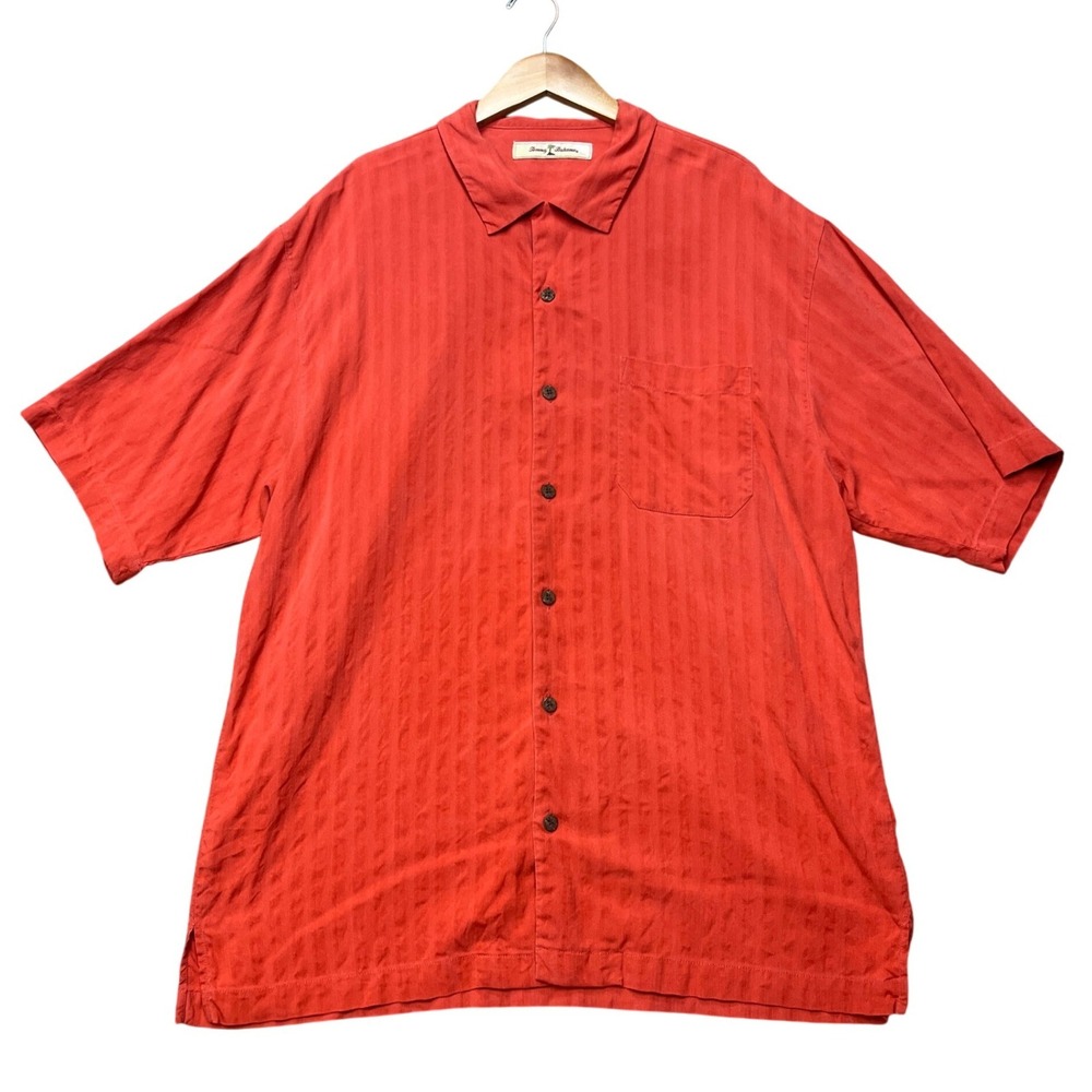 Tommy Bahama Silk Camp Shirt Mens Large Orange Short Sleeve Textured Stripe EUC